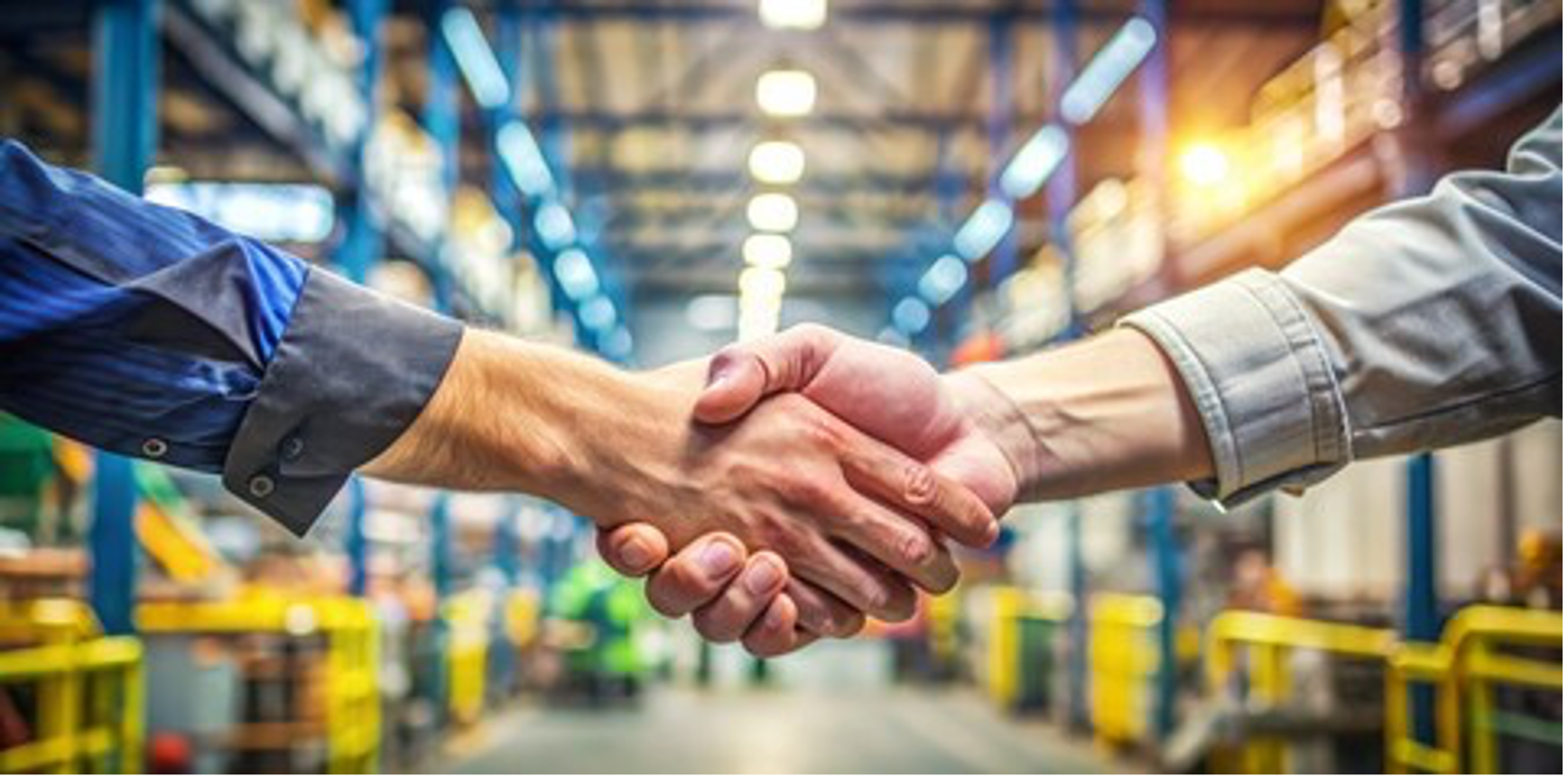 Two people shaking hands in a warehouse